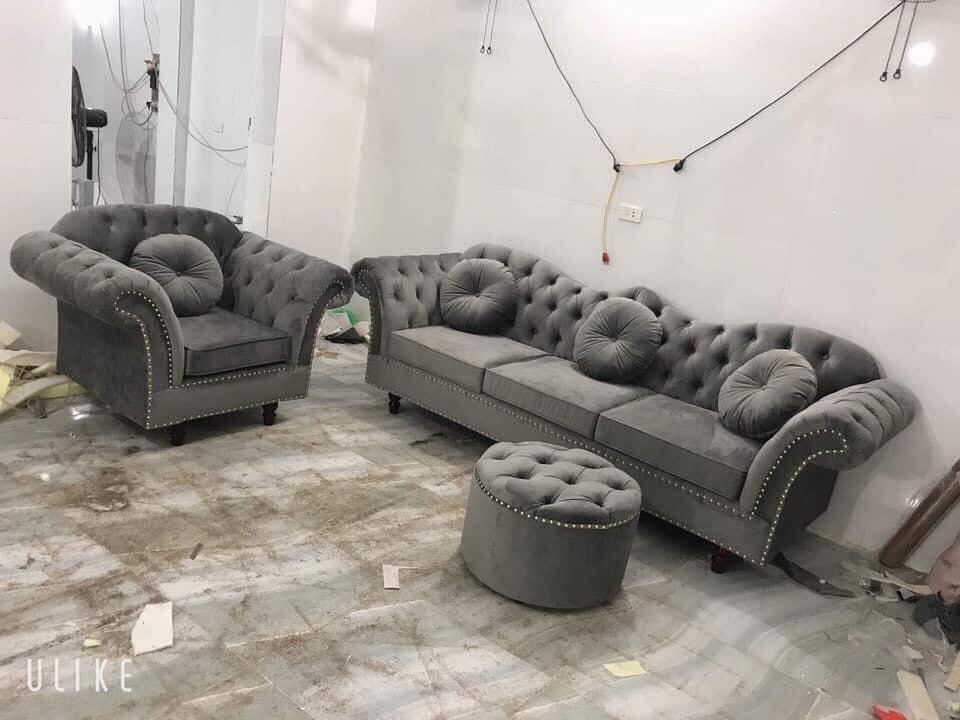 Bộ Sofa Phòng Khách Tân Cổ Điển Tông Xám Ghi