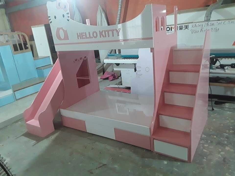 Giường Ngủ Melamin 2 Tầng Hello Kity Màu Hồng Cho Trẻ Em